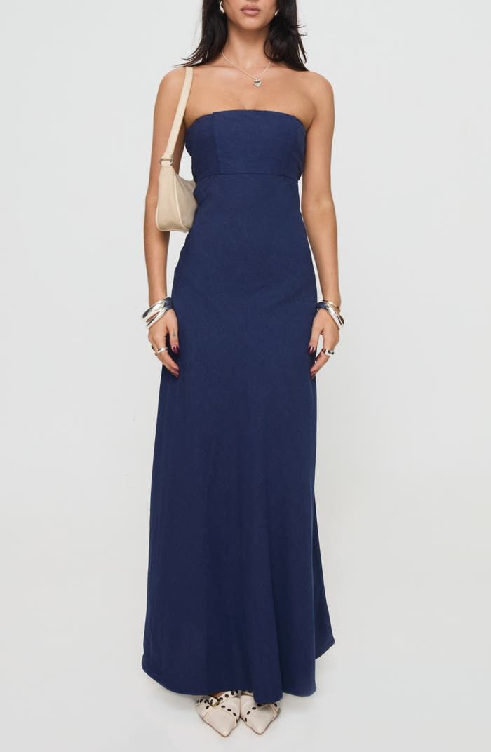 Princess Polly Yahir Strapless Linen Blend Maxi Dress | Nordstrom Off Shoulder Navy Blue Dress, Simple Cheap Prom Dresses, Blue Satin Floral Dress, Semi Formal Navy Blue Dress, June Wedding Dresses Guest, Timeless Maxi Dress, Casual Floor Length Dress, Strapless Navy Prom Dress, Blue Strapless Maxi Dress