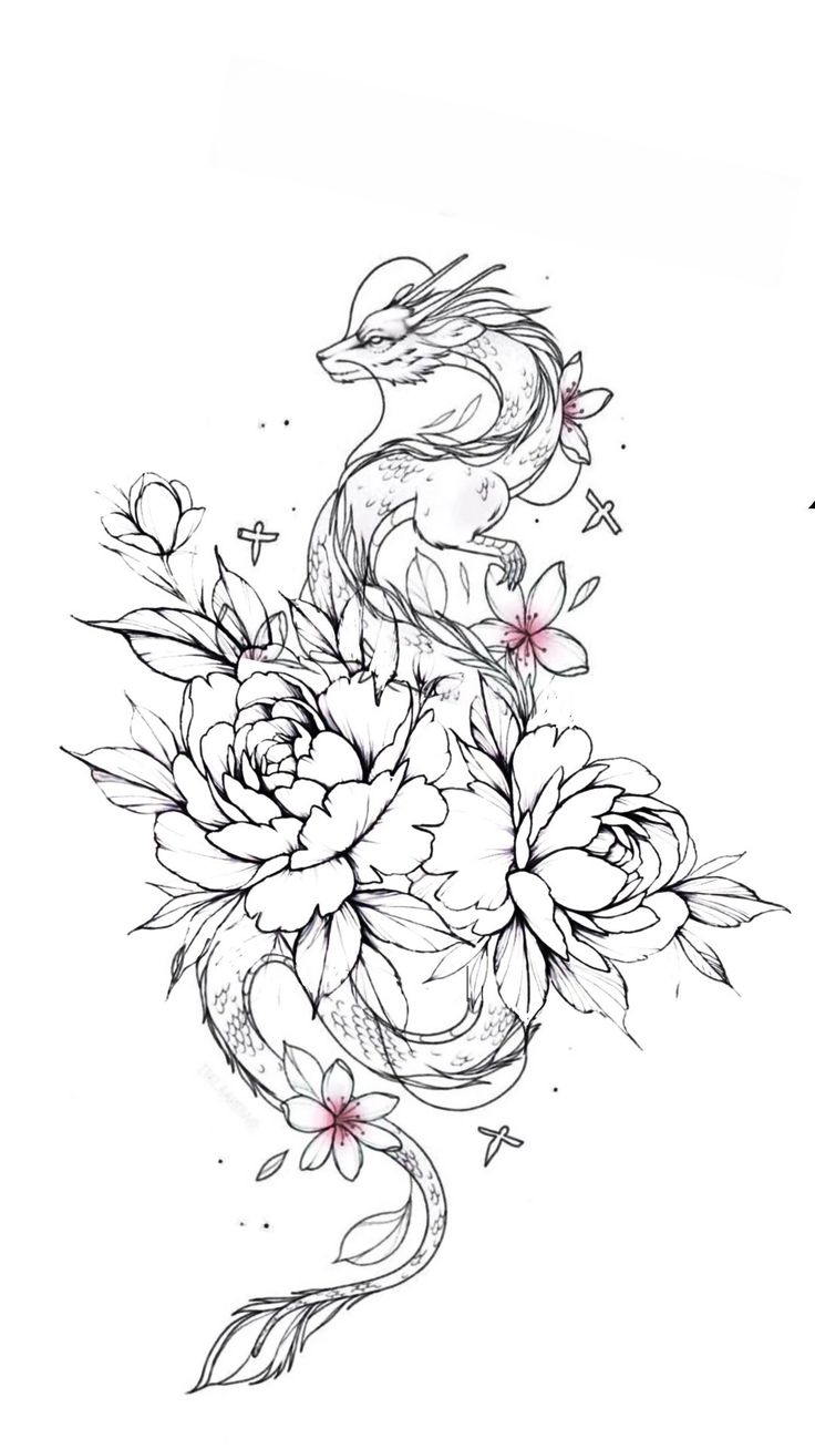 a dragon and flowers tattoo design