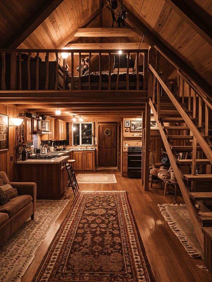 Cozy Cabin Loft 🪵🛋️ Small Cabin Loft Bedroom, Cabin Study Room, Aesthetic Cabin Interiors, Large Cabin Interiors, Aesthetic Cabin House, Tahoe Cabin Interior, Log Tiny House, Cozy Cabin Layout, Upstate New York Cabin