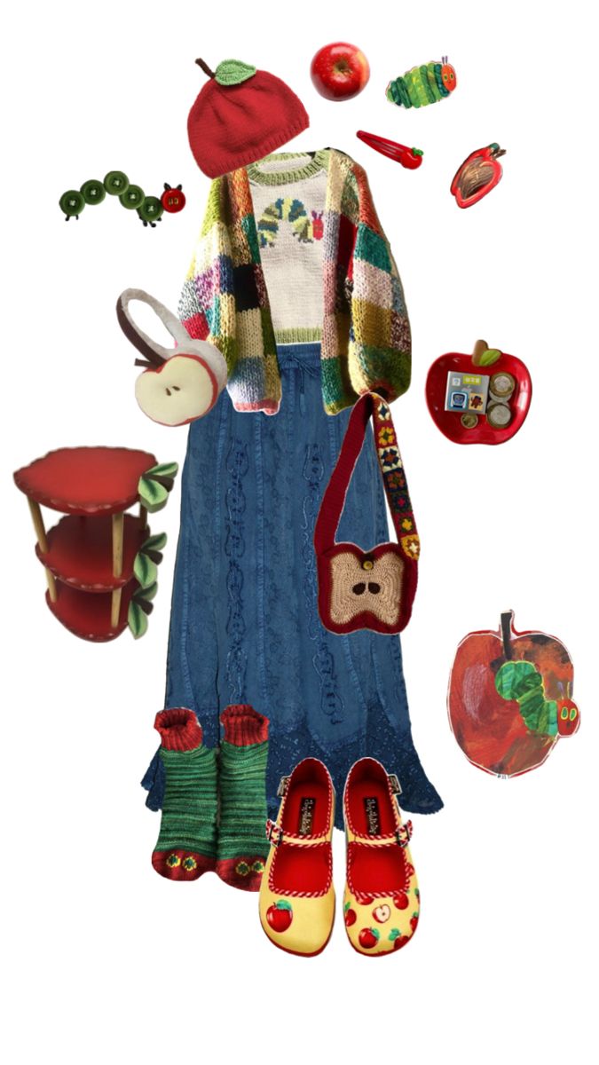 a woman's dress and shoes are arranged in the shape of an apple tree