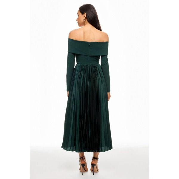 Green (97% Polyester, 3% Spandex). Cocktail dress. Long sleeves. Off-the-shoulder neckline. Back zipper closure. 53" from shoulder to hemline. Imported. Off-shoulder Pleated Midi Cocktail Dress, Fitted Green Off-shoulder Dresses, Fall Cocktail Off-shoulder Dress, Fitted Green Off-shoulder Dress For Party, Fall A-line Midi Evening Dress, Fitted Off Shoulder Dress For Fall Date Night, Fitted Green Off-shoulder Cocktail Dress, Elegant Evening Off-shoulder Dress For Fall, Elegant Off-shoulder Dress For Fall Party