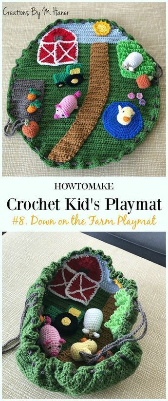 crochet kid's playmat is shown in two different pictures