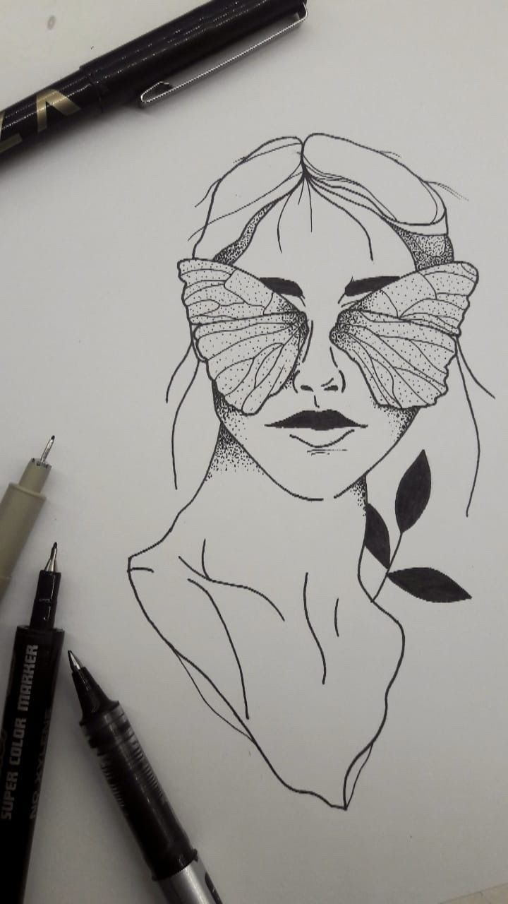 a drawing of a woman with butterflies on her face