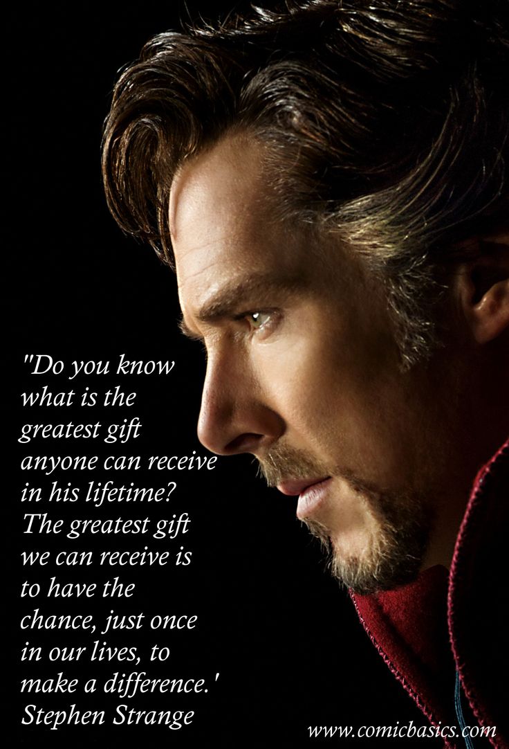 a man with long hair wearing a red jacket and looking to the side, with a quote from stephen strange on it