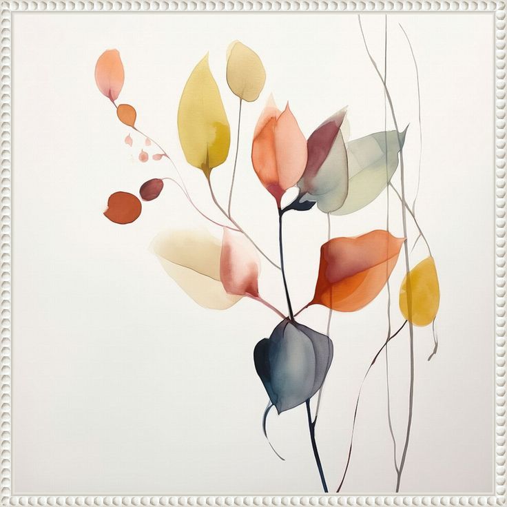 an abstract painting of leaves on a white background