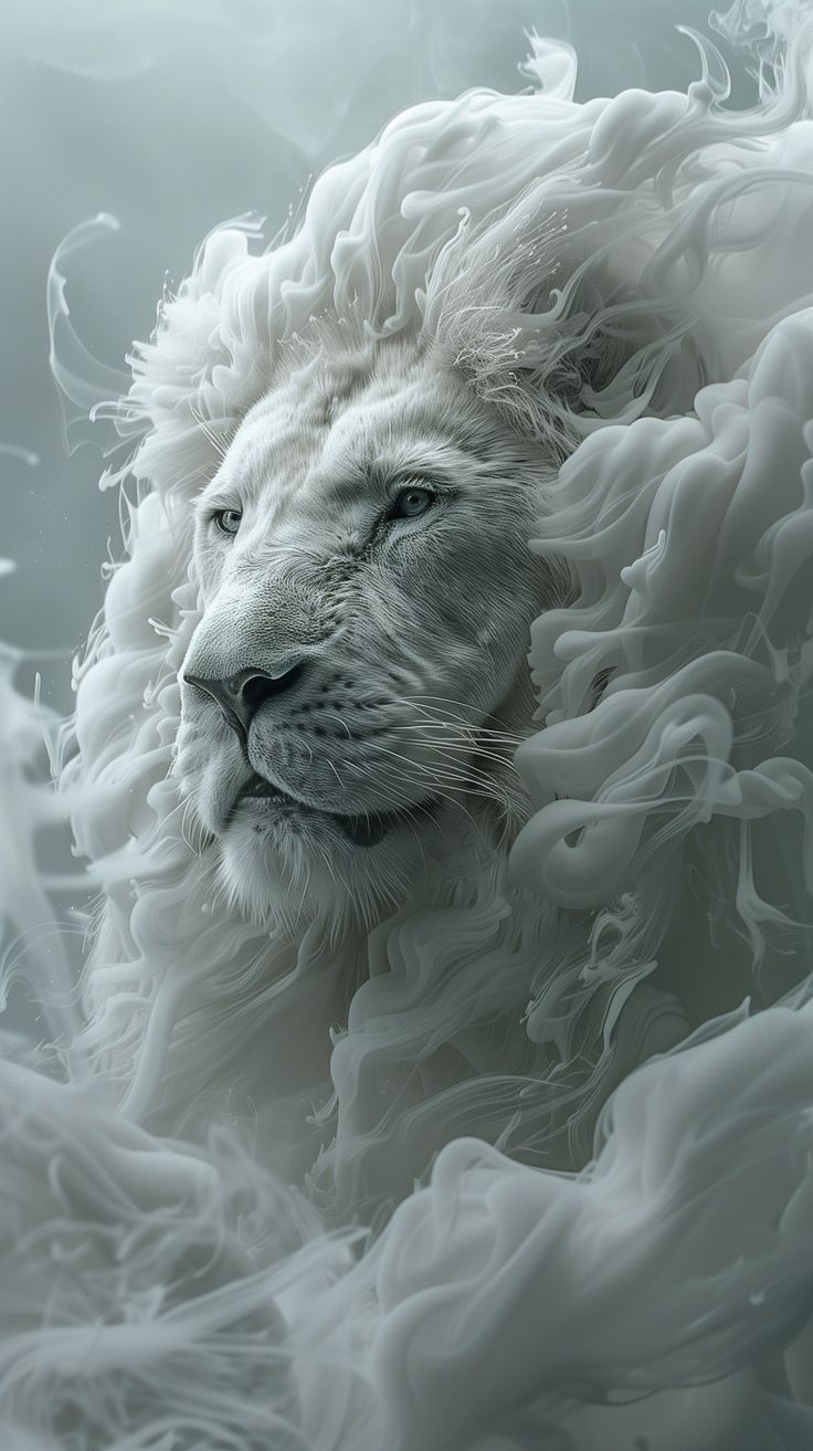 a white lion with long hair is shown in this artistic photo, it appears to be looking at the camera