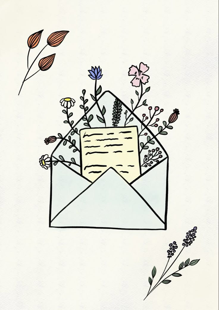 an open envelope with flowers and plants coming out of it, on a white background