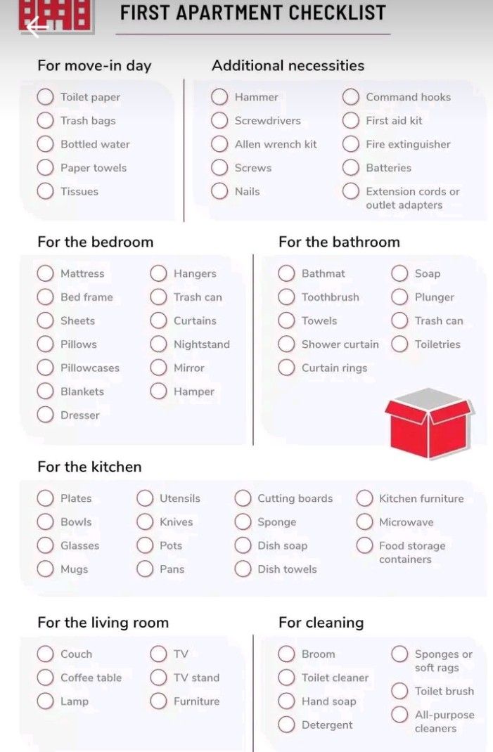 the first apartment checklist is shown in red and white, with instructions for each room