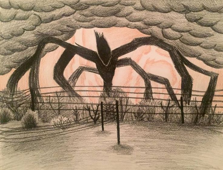 a drawing of a giant spider crawling over a fence