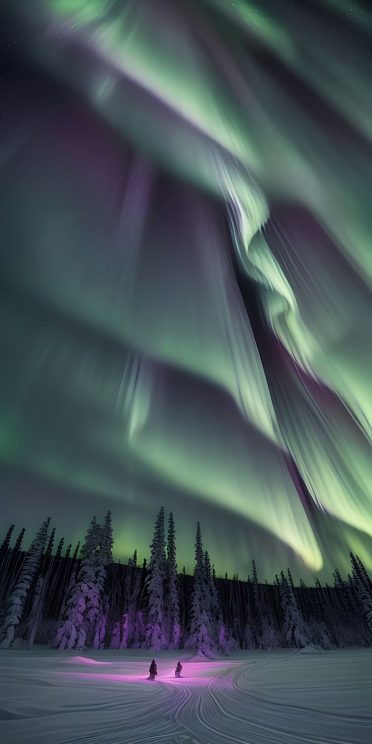 an aurora bore is seen in the sky above some snow covered trees and evergreens