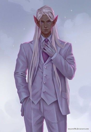 a man with long white hair wearing a purple suit and holding his hands to his chest