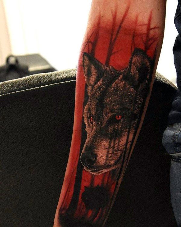 Wolf In Red Forest Guys Masculine Inner Forearm Tattoos Wolf Nature Tattoo, Wolf Forearm Tattoo, Wolf Sleeve, Forearm Tattoo Ideas, Wolf Tattoos Men, Mother Nature Tattoos, Nature Tattoo Sleeve, Wolf Tattoo Sleeve, Tattoo Nature