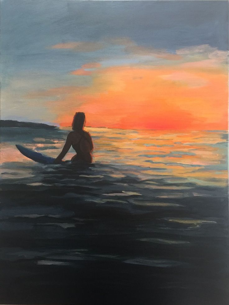 a painting of a woman sitting on a surfboard in the ocean at sunset or sunrise