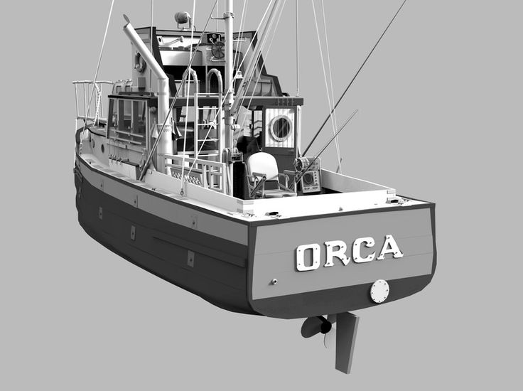 a black and white photo of a boat with the word orca on it