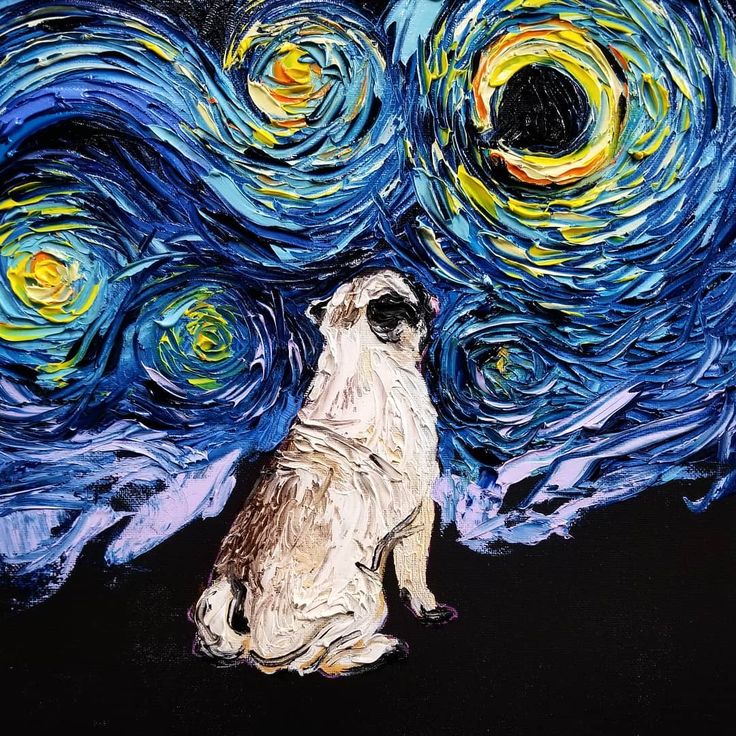 a painting of a dog sitting in front of a starr background