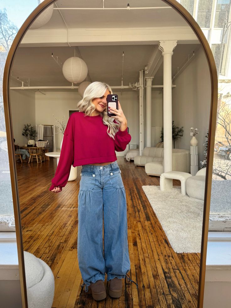 Why we love them: the cutest fit EVER front pockets mid-waisted the most flattering denim adjustable ankle ties fit perfectly in the waist + billowy through the leg they will uplevel every single outfit you’ll wear these jeans with everything Sizing: X-Small: 00-2 // 24 Small: 2-4 // 25-26 Medium: 6-8 // 27-28 Large: 10-12 // 29-30 runs true to size, Haidyn wears a size 27 and is wearing a Medium. Denim Uggs, Cute Granola Outfits, Baseball Gf, Granola Outfits, Prettiest Colors, Unique Jeans, Fall Fits, Cutie Pie, Holly Jolly