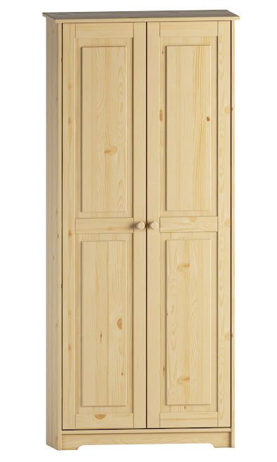 a wooden cabinet with two doors and drawers on the bottom shelf, against a white background