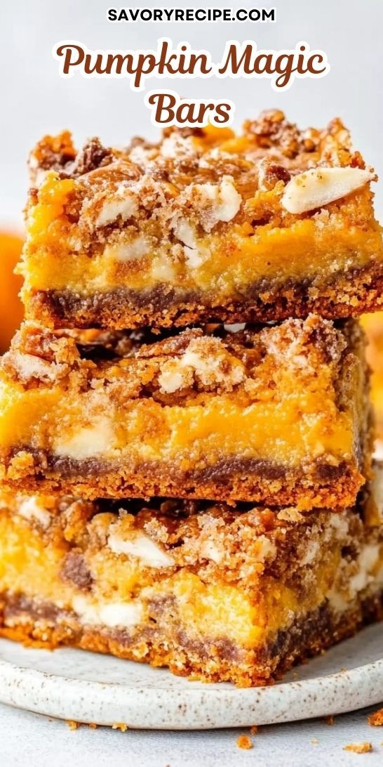 pumpkin magic bars stacked on top of each other