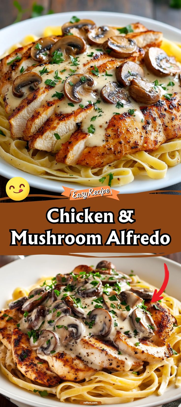 chicken and mushroom alfredo on a white plate with the title above it in red text