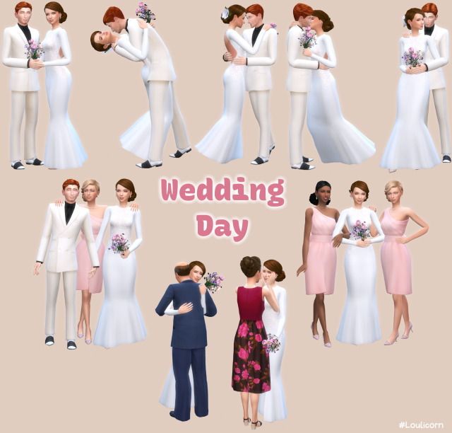 Wedding Day👰 Sims 4 Marriage Poses, Sims 4 Cc Poses Wedding, Wedding Poses Sims 4 Cc, Sims 4 Bridesmaid Poses, Sims4 Gallery Poses, Sims 4 Wedding Pose Pack, The Sims 4 Wedding Poses, Ts4 Wedding Poses, Prom Sims 4