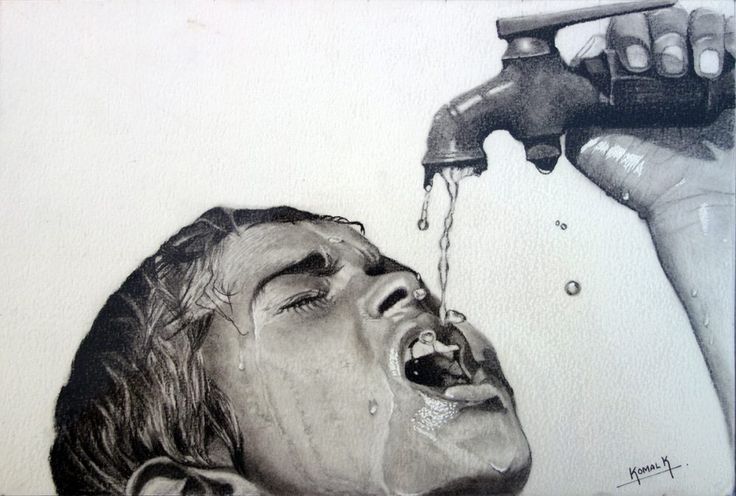 a drawing of a boy drinking water from a faucet with his mouth open