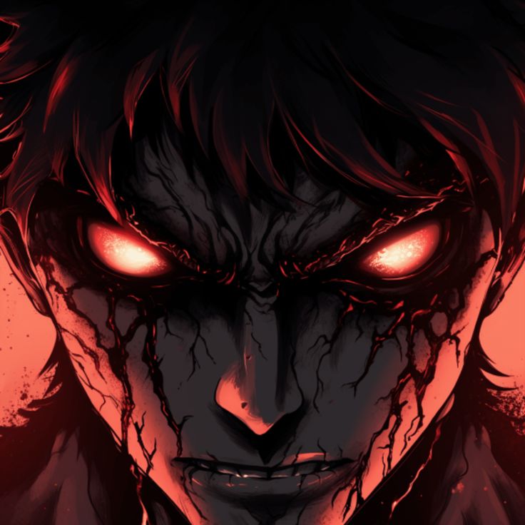 an evil looking man with red eyes and blood on his face