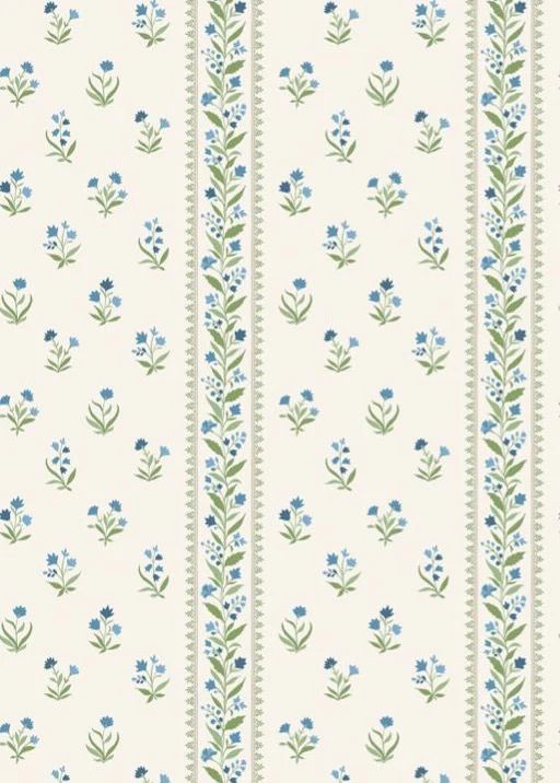 a wallpaper with blue flowers and green leaves on white background, which is vertically striped