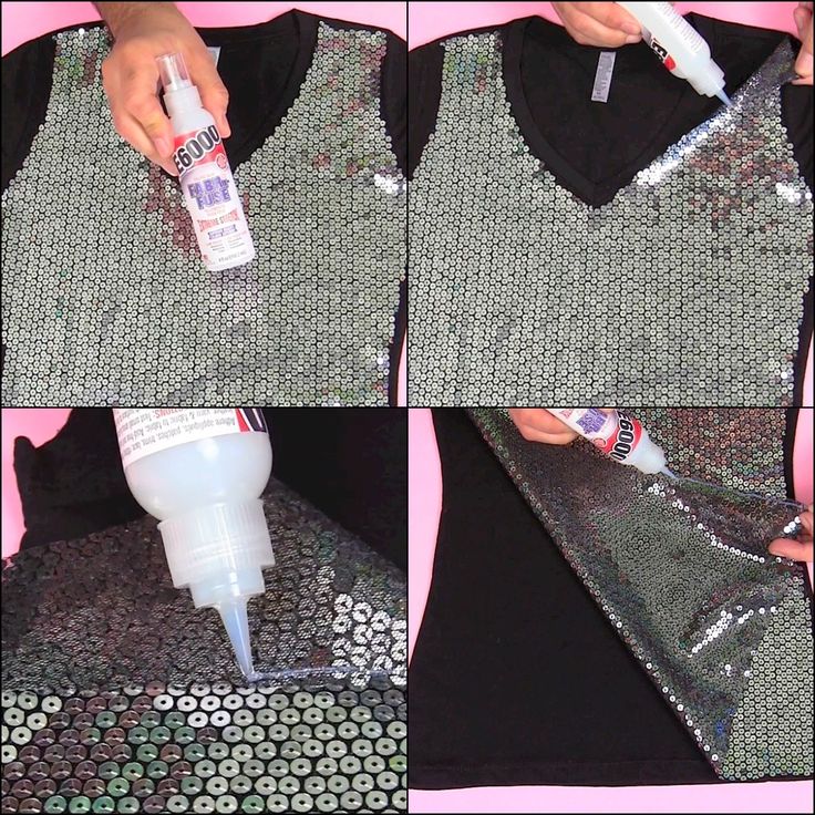 three pictures show how to make sequins on fabric with glue and adhesive tape