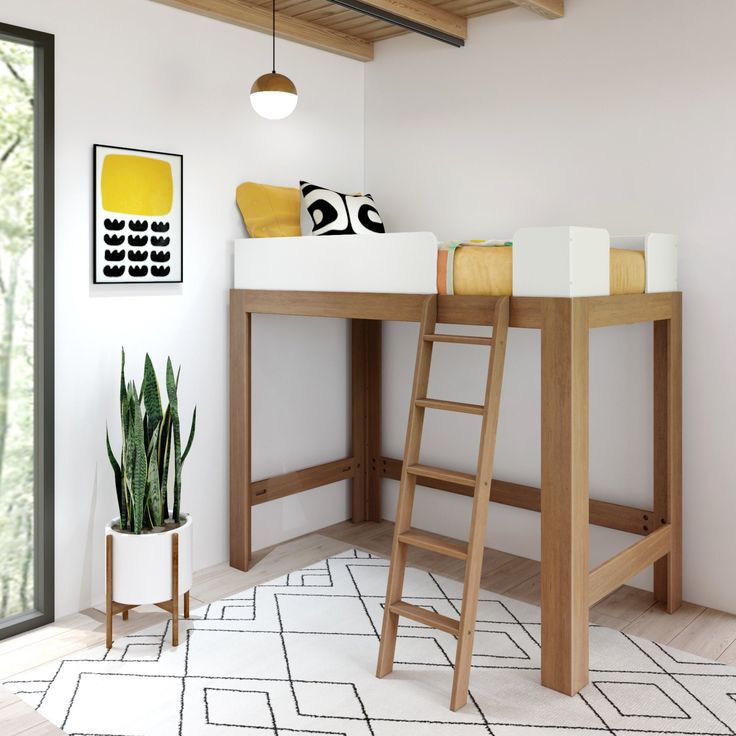 a loft bed with a desk and ladder