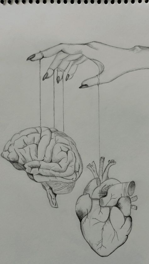 two hands holding strings connected to a human heart and another hand reaching for the brain