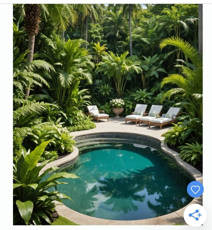 a pool surrounded by lush green plants and trees with lounge chairs on either side in the foreground