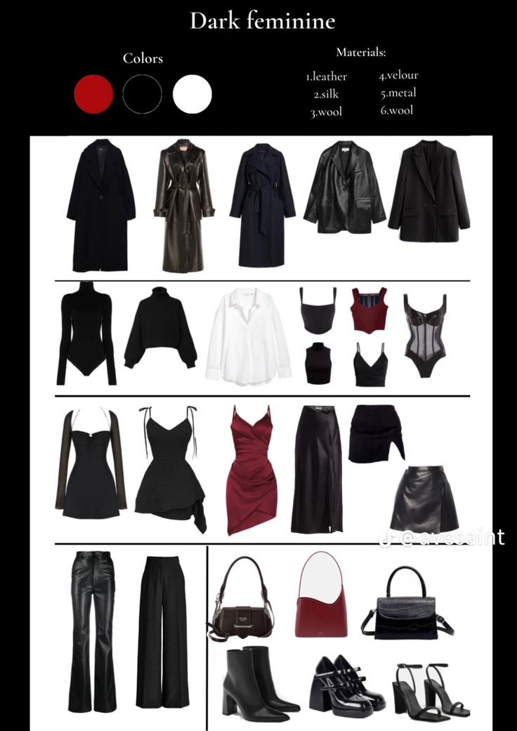 Red And Black Capsule Wardrobe, Avant Garde Capsule Wardrobe, Classy Grunge Aesthetic, Dark Feminine Wardrobe Essentials, Winter Outfits Dark Feminine, Dark Feminine Essentials, Luxury Gothic Outfit, Grunge Classy Outfits, Dark Feminine Work Outfits