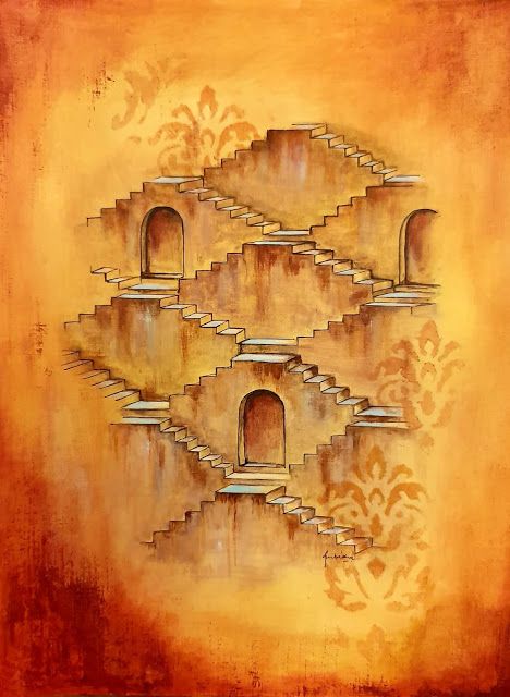 an abstract painting with gold and orange colors on the wall, depicting steps leading up to a door