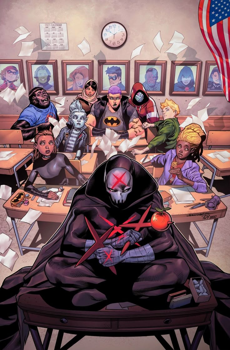 an image of a group of superheros sitting at a table in front of the american flag