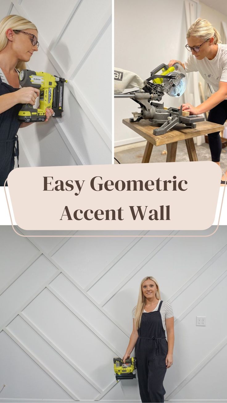 a woman in overalls is working on a wall with an electric nailing machine