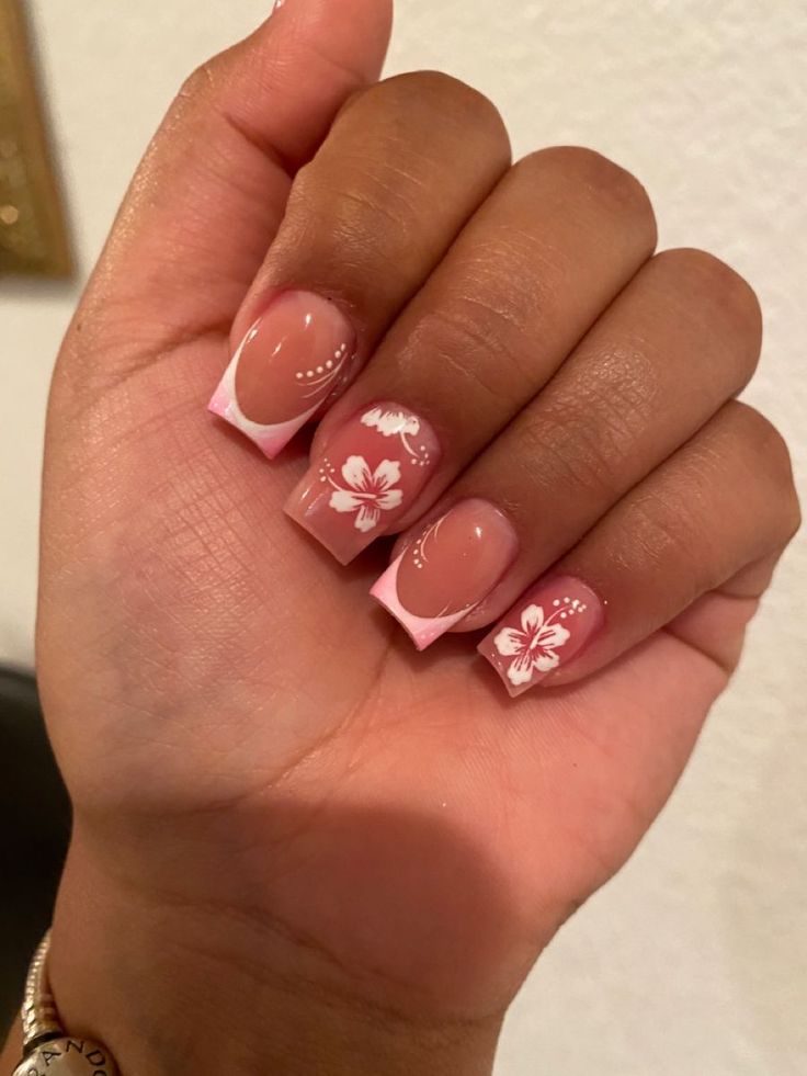 Nail Inspo 13 Yo, Trendy Nails Short Square Summer, Nail Inspo For 11 Yo, Nails Acrylic Hibiscus Flower, Summer Acrilyc Nails, Nails 11yrs, Nails Ideas With Flowers, Hibiscus Flower Nails With French Tips, Nail Inspo Summer Coffin