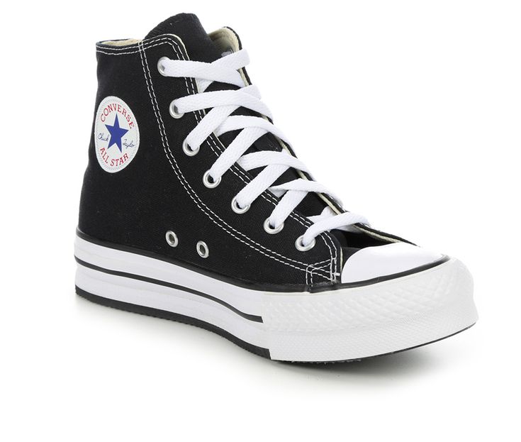 Elevate your style with the Converse Chuck Taylor All Star Hi Lift High-Top Sneakers. These iconic sneakers feature a classic high-top design with an added lift for a trendy twist. The durable canvas upper and signature rubber toe cap offer timeless style, while the cushioned insole provides all-day comfort. Breathable canvas upper with high-top design for added ankle support, Lace-up closure for a custom and secure fit, Approx. 1 1/4 inch platform height, Iconic rubber toe cap and textured toe Pattern Converse, Star Branding, Lee Naeun, Black And White Converse, Sneakers High Top, Black High Top Converse, Preppy Shoes, Girls Converse, Black And White Shoes