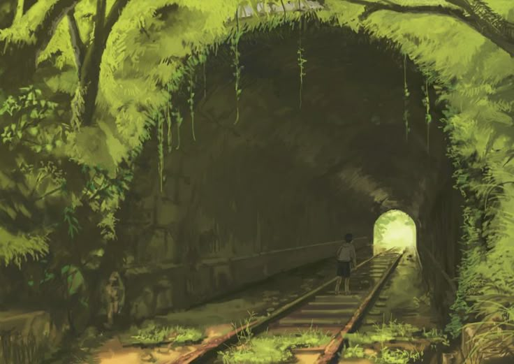 a man walking into a tunnel in the middle of a forest with trees on either side