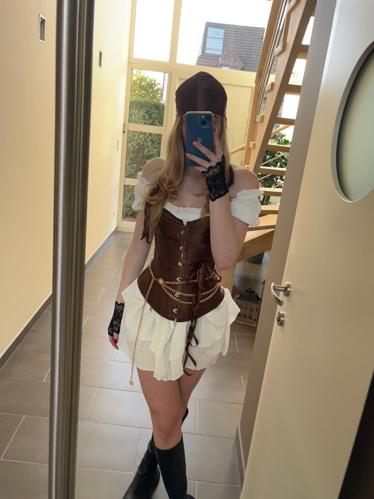 Pirate, costume, corset, inspo, halloween Pirate Costume White Corset, Brown Corset Costume Ideas, Pirate Womens Costume Diy, Brown Pirate Costume, Pirate Corset Costume, Pirate Costume Black Corset, Brown Corset Halloween Costume, Costume Ideas With Corset, Pirate Corset Outfit