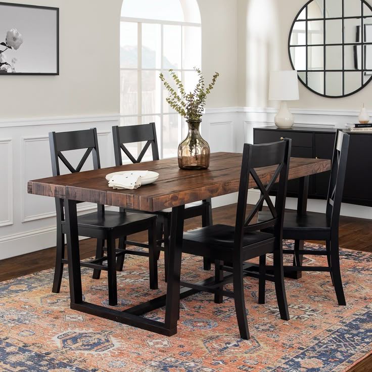 5-Piece Farmhouse Dining Set Dining Room Walker Edison Mahogany/Black Dining Set Ideas, Wood Dining Table Design, Dining Table Dark Wood, Dining Room Modern Farmhouse, Dinning Table Wood, Distressed Table Top, Dark Wood Dining Room, Black Wood Dining Table, Dark Wood Dining Table