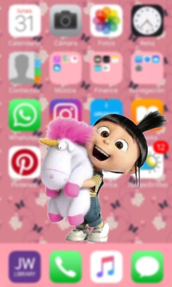 an animated character holding a stuffed animal in front of a pink background with various icons