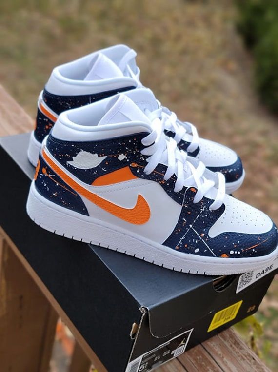 Navy Blue and orange Jordan 1. Chicago bears, Denver Broncos colors. Sizes are Mens/Big kids Jordans Shoes For Men, Jordan 1 Custom Ideas, Jordans For Boys, Sneaker Head Men, Custom Jordan 1, Custom Jordan Shoes, Orange Jordan, Broncos Colors, Cute Jordans