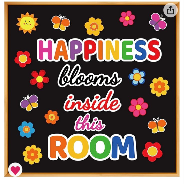 the words happiness blooms inside this room on a blackboard with colorful flowers and butterflies