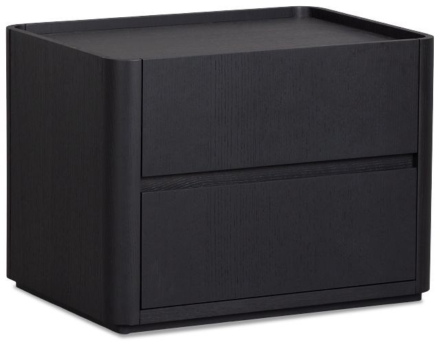 a black filing cabinet with two drawers on each side and an open drawer in the middle