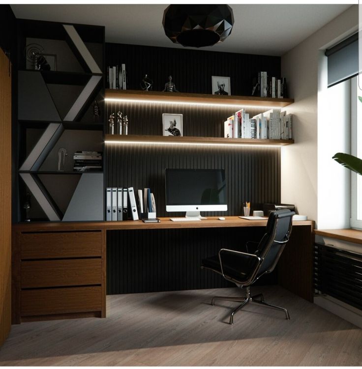 a desk with a computer and books on it in front of a window next to a potted plant