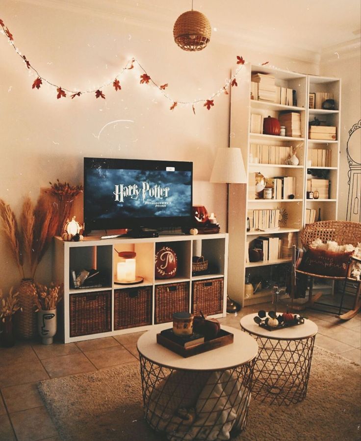 a living room filled with furniture and a flat screen tv on top of a wooden table