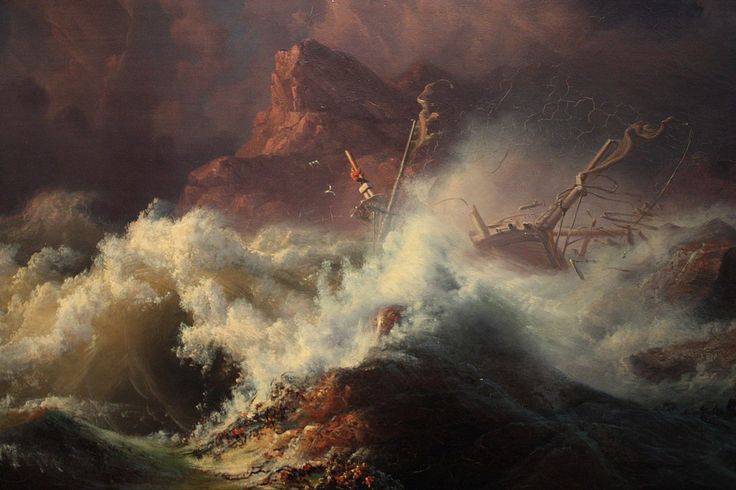 a painting of a ship in rough seas