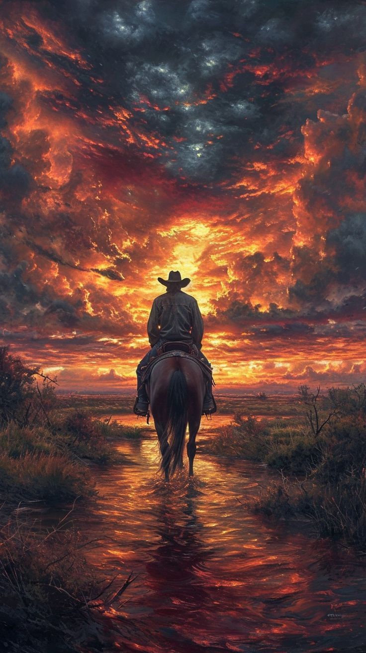 a painting of a cowboy riding his horse into the sunset