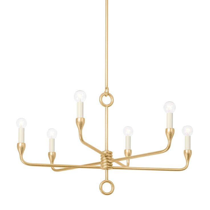 a gold chandelier with five lights hanging from the bottom and one light in the middle