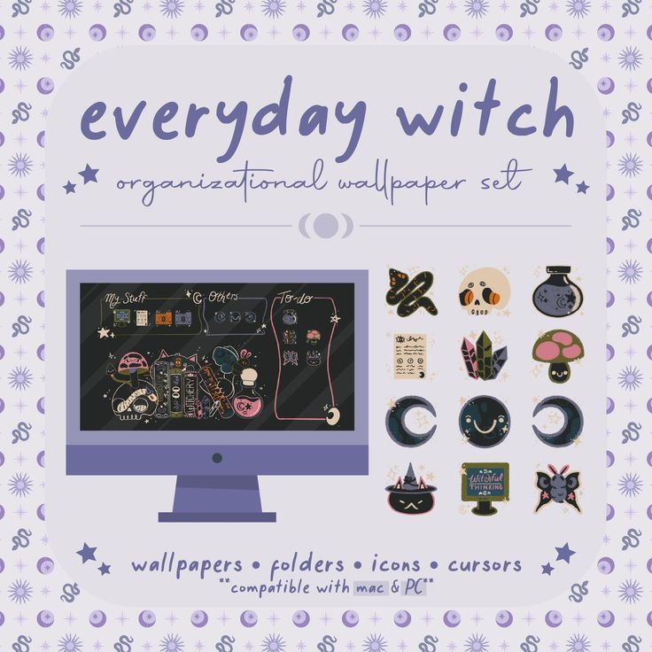 an image of a computer screen with stickers on it that says, everyday witch original wallpaper set